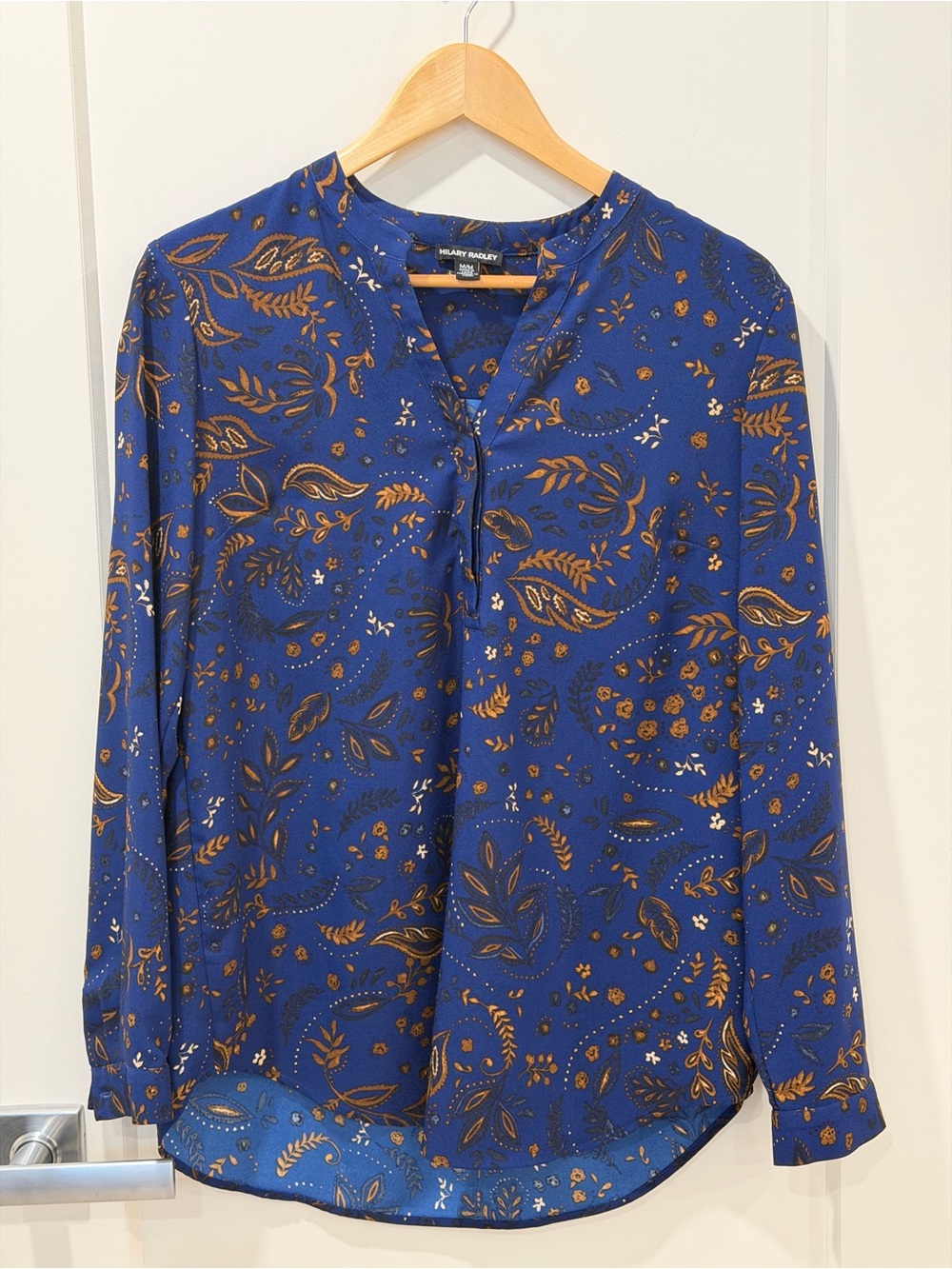 Hilary Radley | Blue & Gold Paisley Split-Neck Blouse